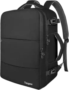 Mochila de viaje compacta para avión que cabe debajo del asiento y organiza equipaje y equipo electrónico.