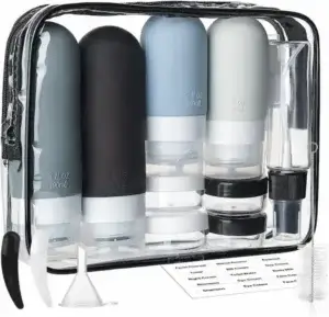 Kit de botellas de viaje de silicona con bolsa transparente y certificación TSA, recipientes para líquidos a prueba de fugas.